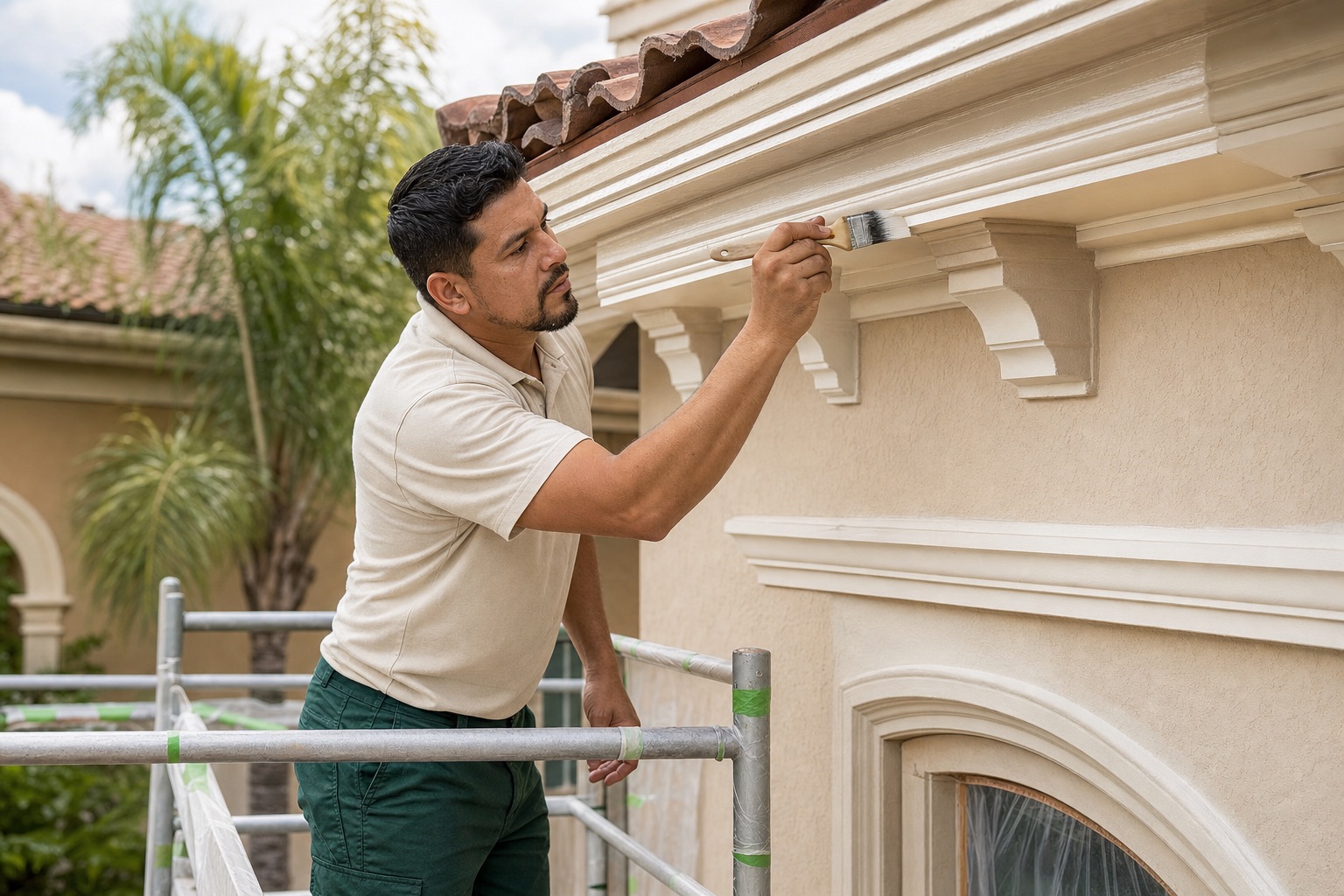 A Hispanic painter carefully brushing cream paint onto upper exterior trim beneath a tiled roofline.