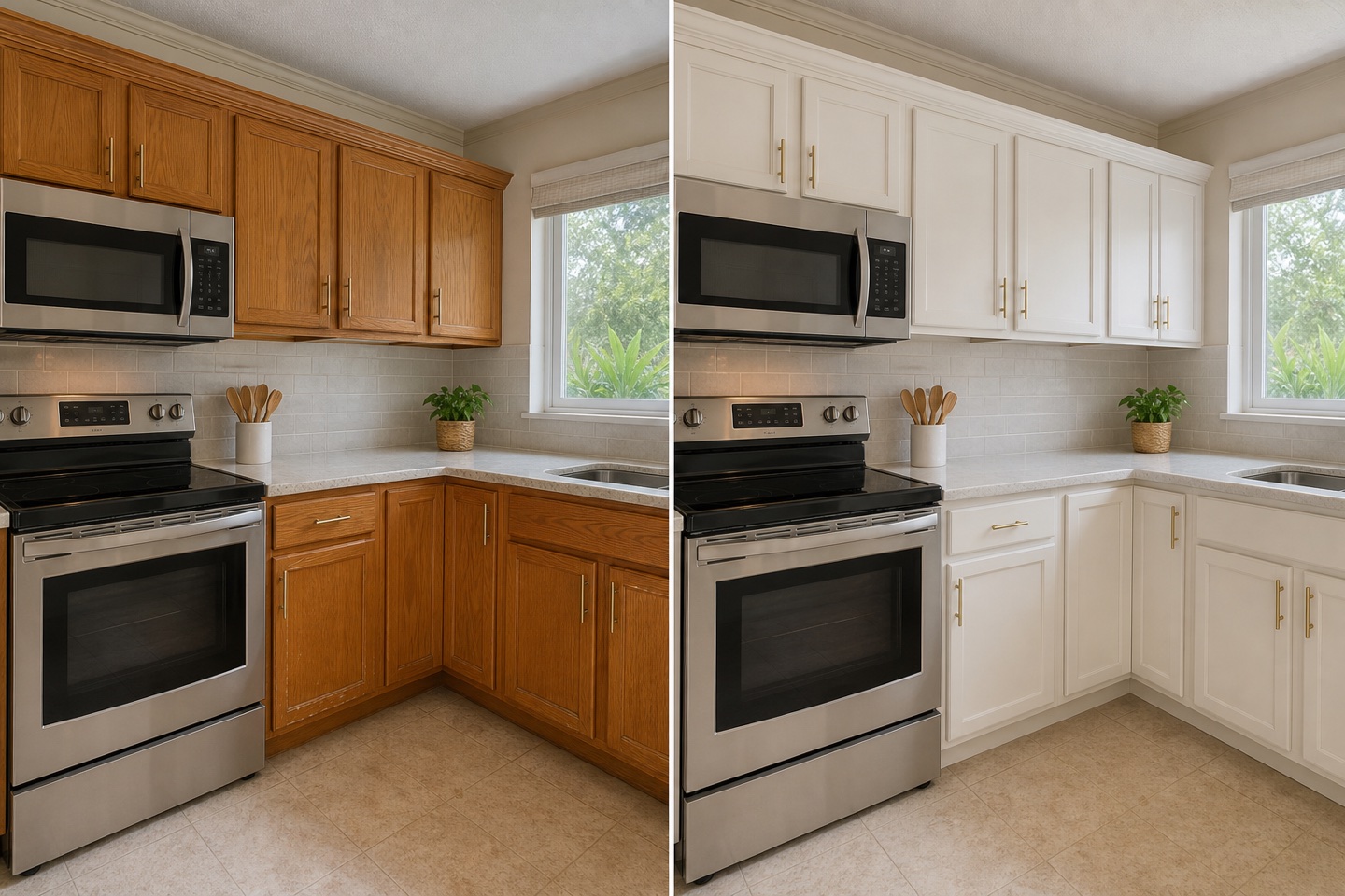Illustrative side-by-side concept showing worn wood kitchen cabinets before refinishing and the same cabinets with a smooth warm-white finish.