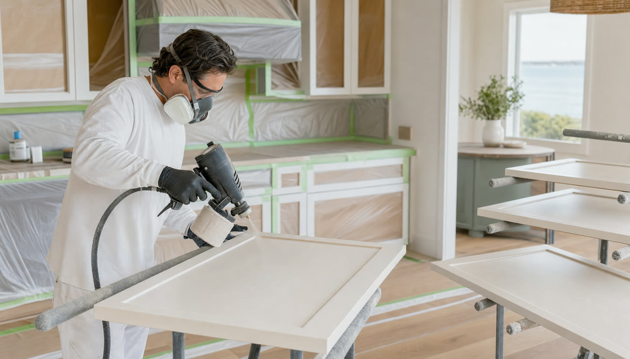 Illustrative view of a professional refinishing a cabinet door in a protected kitchen.
