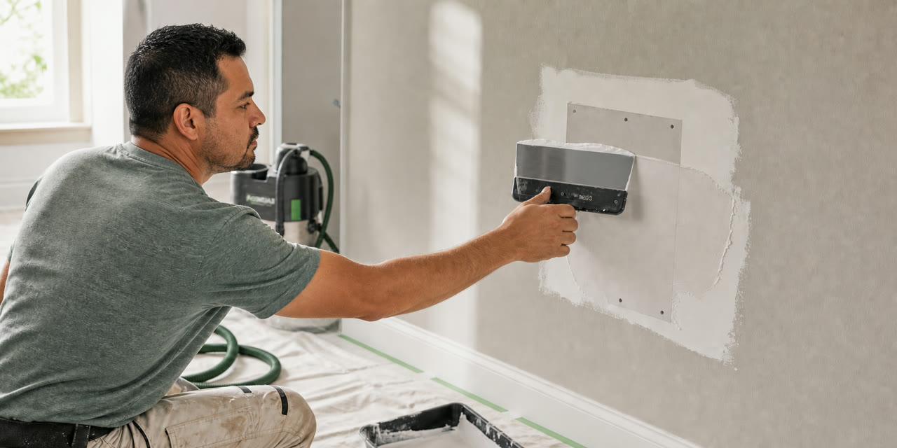 Illustrative view of a drywall patch being feathered smooth before primer and paint.