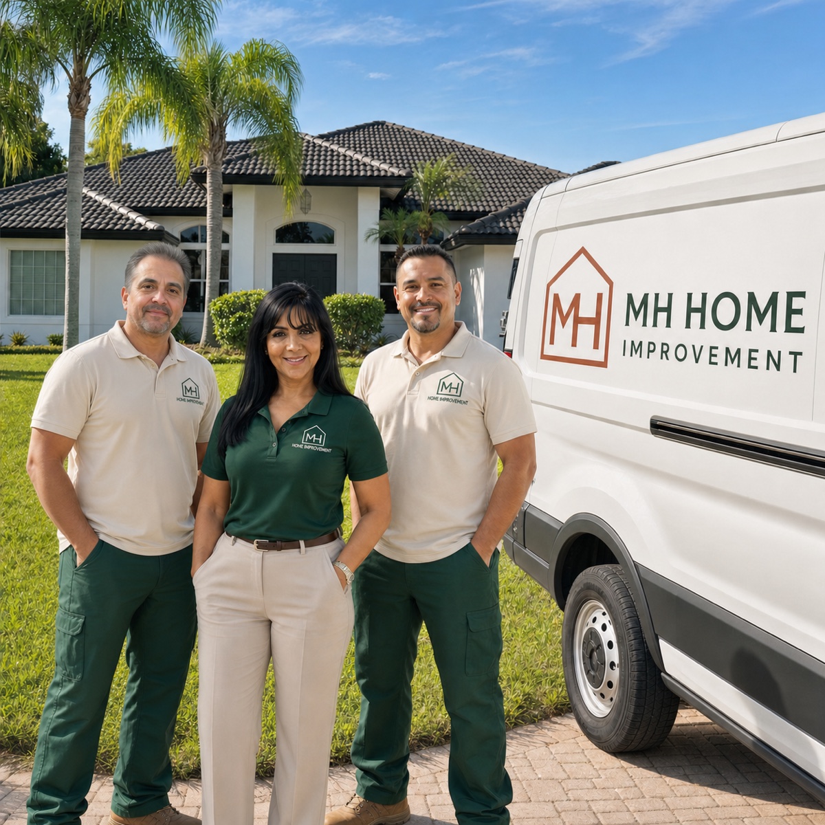 Miledy, Cris, and an MH Home Improvement team member beside the company’s branded work van.