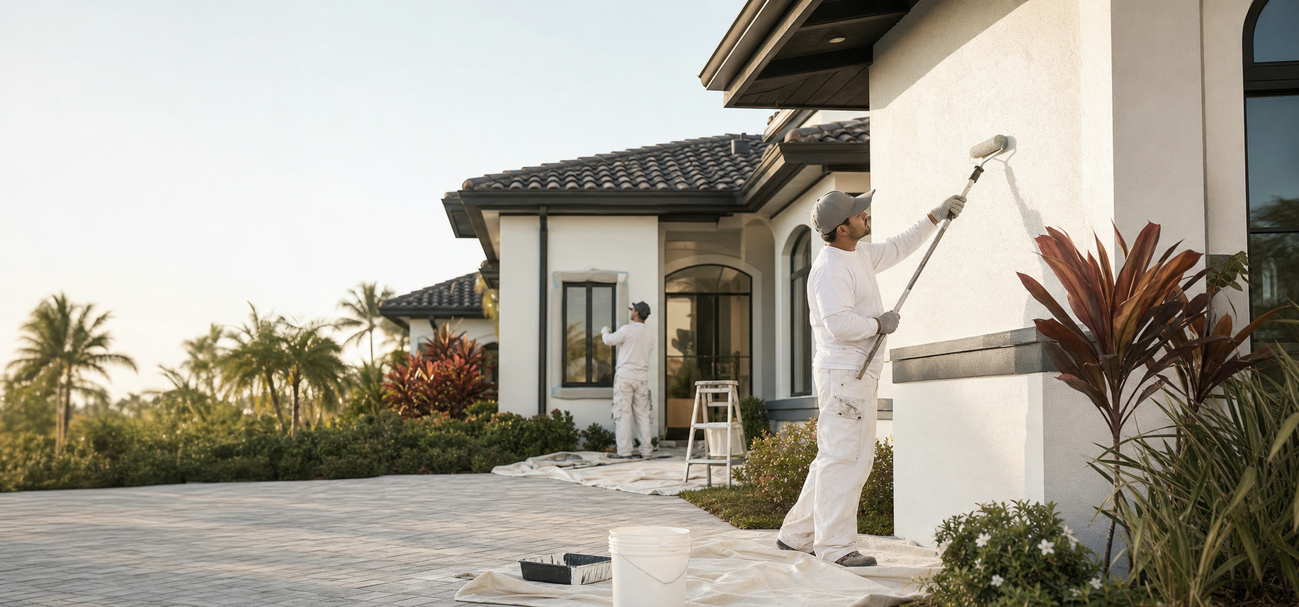 Illustrative view of professional painters refreshing the exterior of a Florida stucco home.