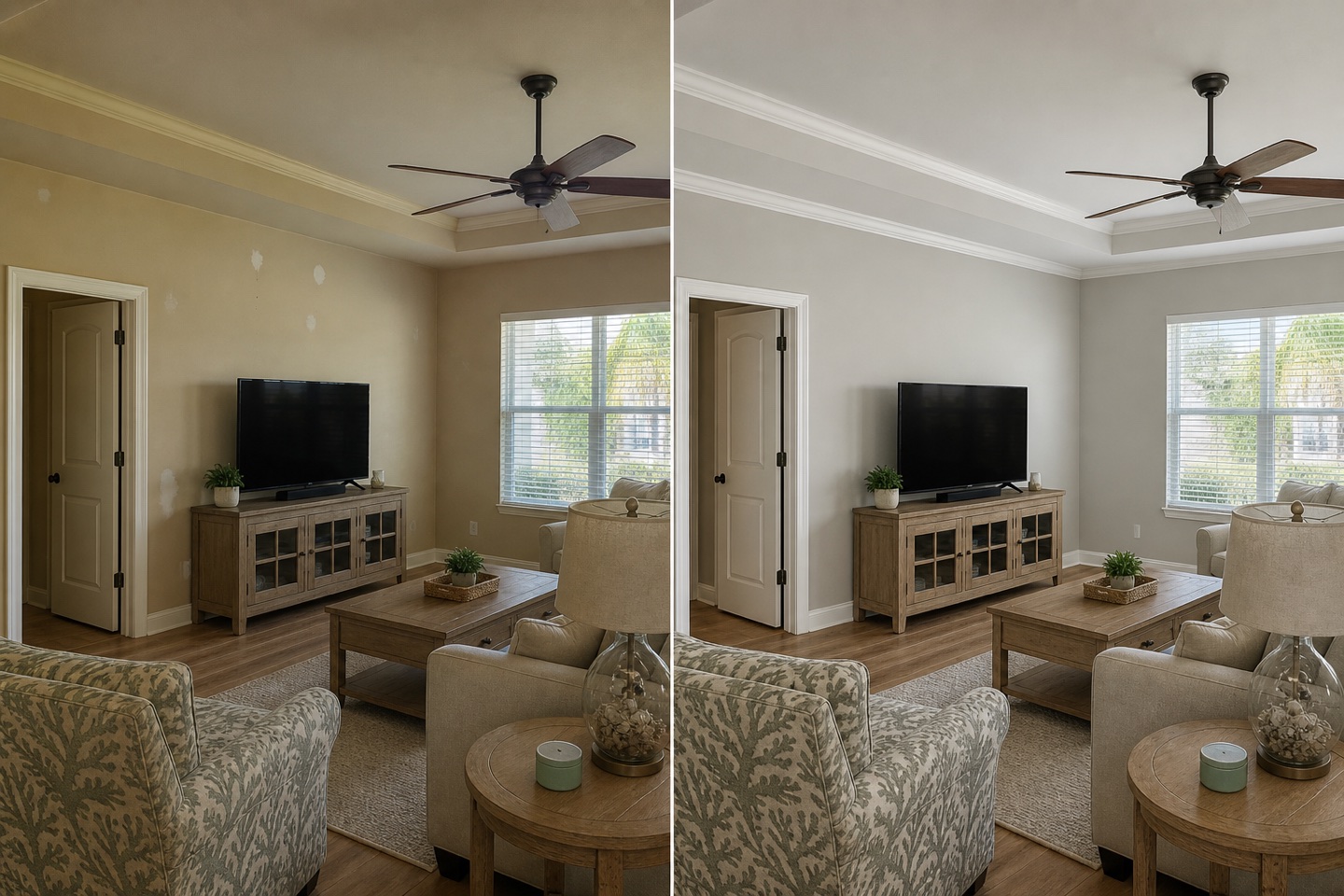 Illustrative side-by-side concept showing a visibly patched living room before painting and the same room after drywall preparation and a continuous painted finish.