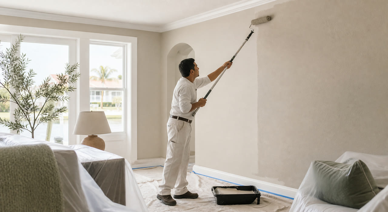 Illustrative view of a professional painter applying a warm neutral interior finish.