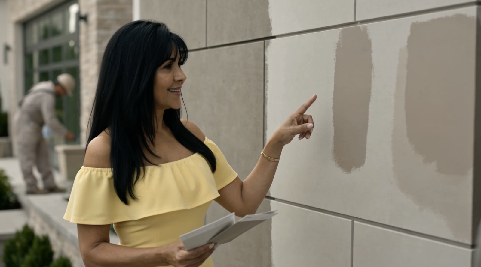 Miledy Hazoury comparing three neutral paint samples applied to an exterior wall while a painter works nearby.