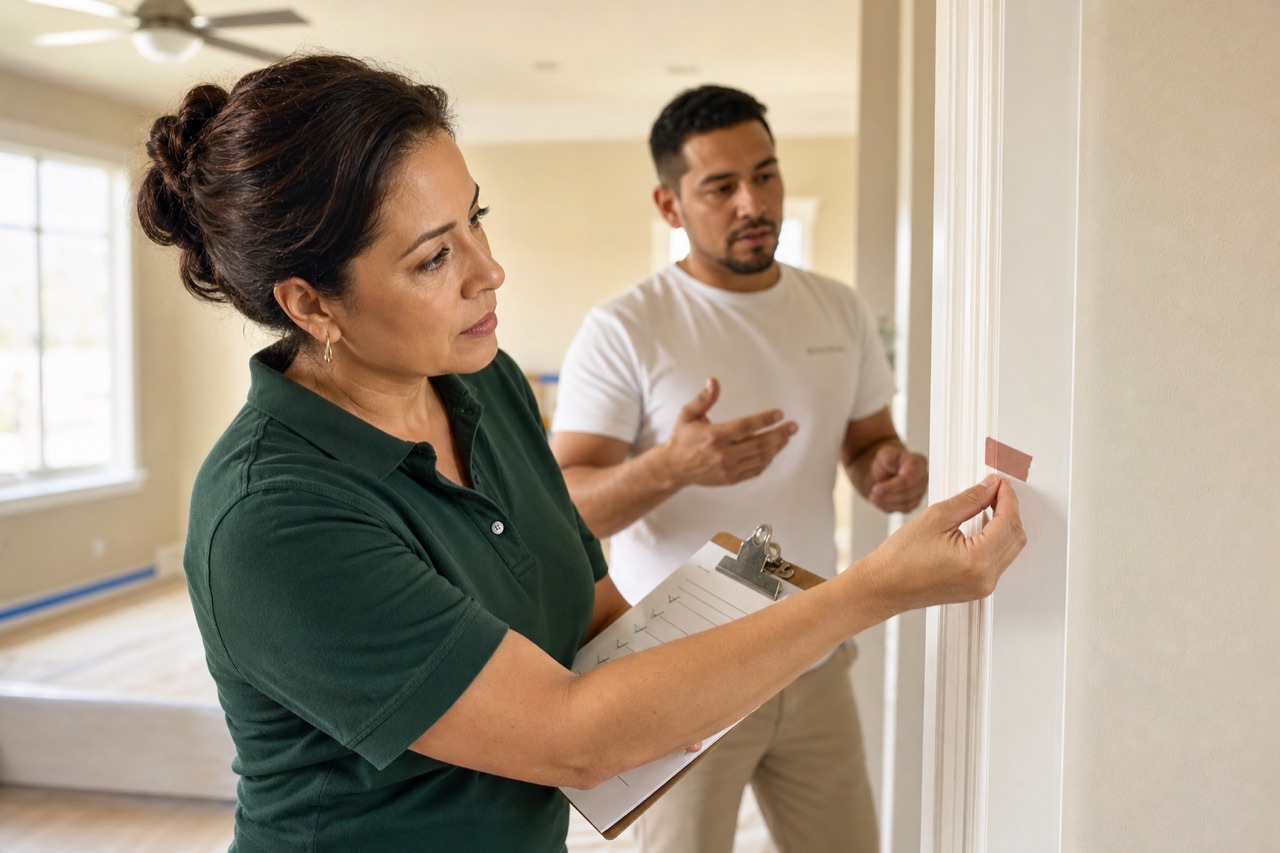A painting company owner marking a finish detail during a final walkthrough with a painter.