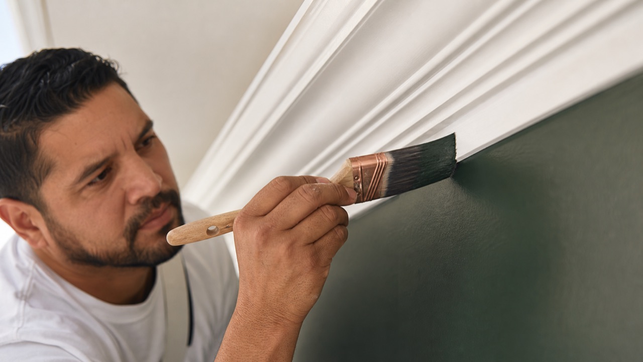 A painter using an angled brush to create a crisp transition beneath crown molding.