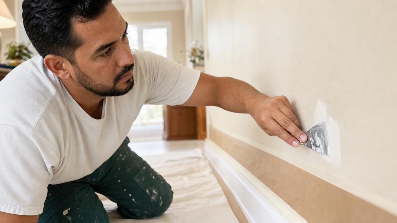 A painter carefully smoothing a drywall repair above a protected baseboard and floor.