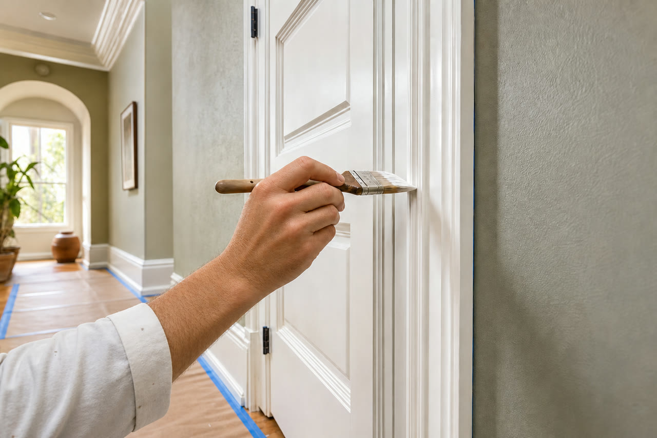 Illustrative close-up of crisp white door trim being finished by hand.