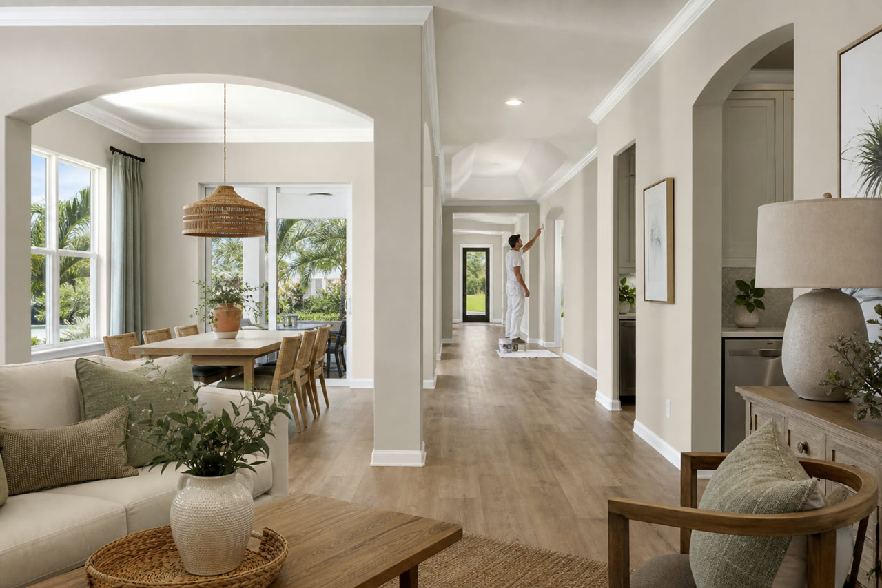 Illustrative view of a bright, freshly painted open-plan Florida home.